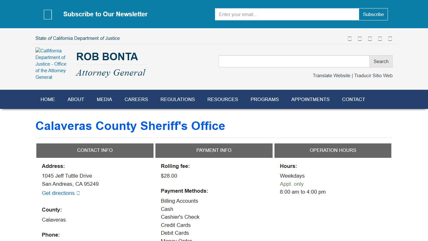 Calaveras County Sheriff's Office | State of California - Department of Justice - Office of the Attorney General
