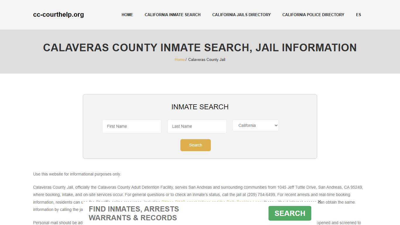 Calaveras County Inmate Lookup, Jail Roster